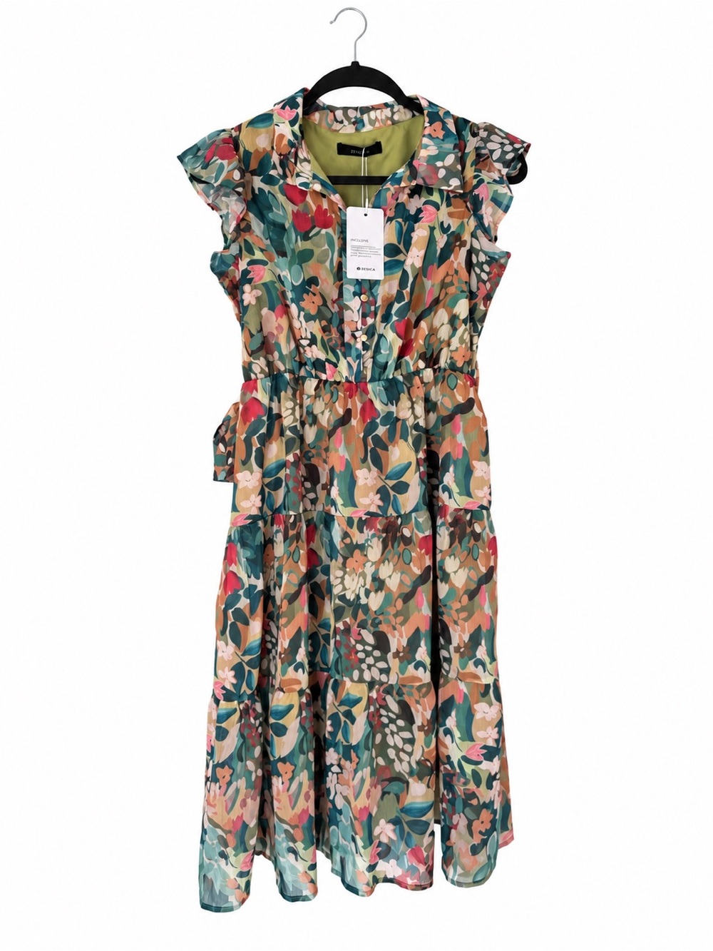 NWT ZESICA Womens Floral Maxi Dress Belt Tiered Ruffle Sleeve Boho Green Flowy S